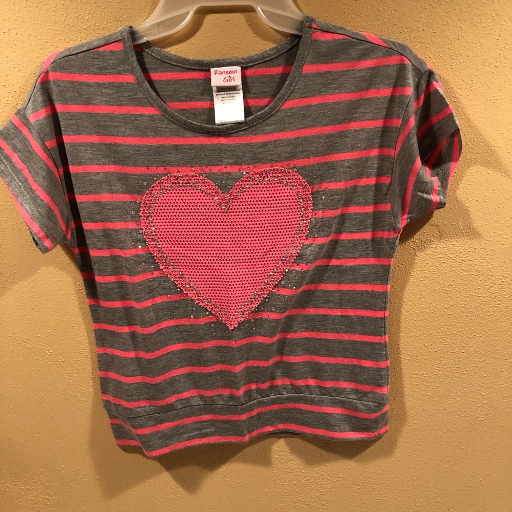 Girls grey and pink striped shirt with heart.